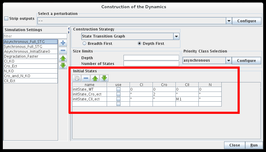 Initial state definition panel